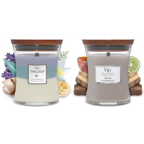 Woodwick Medium Hourglass Trilogy Scented Candle - Calming Retreat - with Crackling Wick - Burn Time & WoodWick Scented Candle, Fireside Medium Hourglass Candle, with Crackling Wick, Burn Time