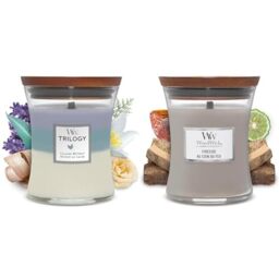 Woodwick Medium Hourglass Trilogy Scented Candle - Calming Retreat - with Crackling Wick - Burn Time & WoodWick Scented Candle, Fireside Medium Hourglass Candle, with Crackling Wick, Burn Time