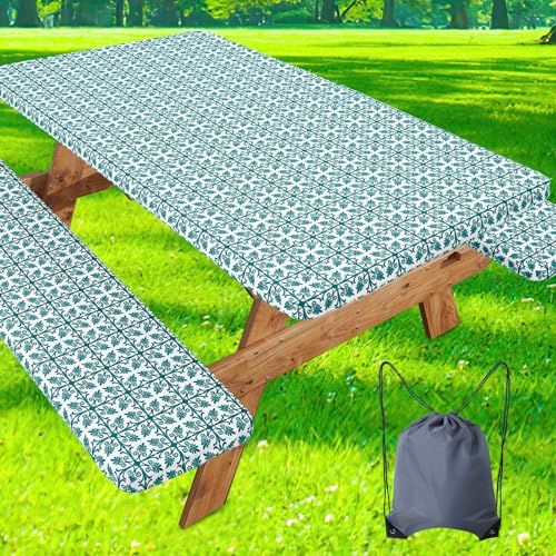"misaya Picnic Table Cover with Bench Cover, Waterproof Elastic Fitted Tablecloth for 8 Foot Tables, Rectangle Washable Polyester Tablecloths for Picnic, Camping, Outdoor (Turquoise, 30"" x 96"")"