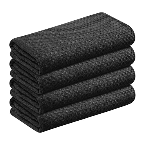 Softopia Cotton Black Waffle Kitchen Dish Towels, 100% Cotton, Quick Dry, Super Absorbent, Soft, 16x26 Inches - Ideal for Dish Drying, Bar, Hand Wipe, Cleaning, and Everyday Use, 4 Pack