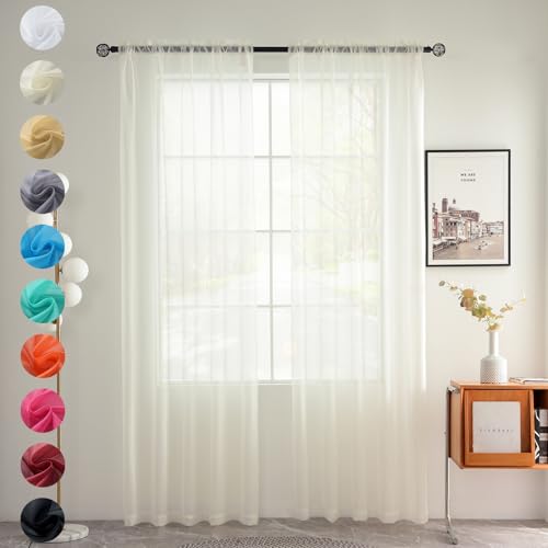 youleyar Solid Sheer Rod Pocket Curtain Voile Draperies 2 Panels White Beige Black Grey Coffee 70 Inch Width 108 Inch Long 1 Pair for Kitchen Bedroom Children Living Room Yard(Ivory,70W???108L)