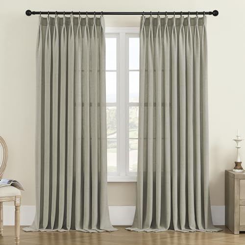 MASWOND Natural Pinch Pleated Curtain 72W x 84L Inches, Extra Wide Light Filtering Semi Sheer Linen Curtains for Living Room Patio Door, Pinch Pleat Window Drapes with Hooks (1 Panel, Taupe)