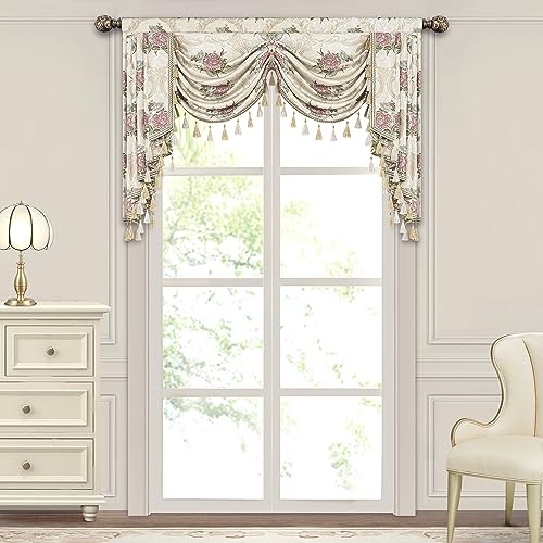 Loom and Mill Luxury European Waterfall Valance for Living Room Bedroom, Elegant Floral Jacquard Swag Window Valances with Tassels, Damask Swag Curtains for Banquet Wedding Holiday(W59Inch,1 Panel)