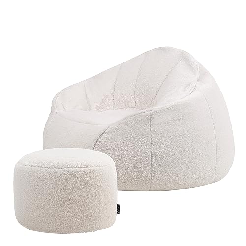 icon Riviera Sherpa Bean Bag Chair with Footstool, Natural, Large Adult Bean Bag with Filling Included, Comfy Chair, Armchair, Living Room Furniture, Bedroom Furniture