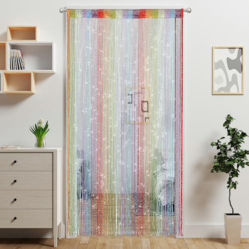 Atsweetlife 2 Pieces Door String Curtain Doorway Beads Curtains,Hanging Room Divider Beaded Decor Hippie Glitter Fringe Panel Closet Window Doors Sequin Sheer Boho Doors Tassel (Rainbow)