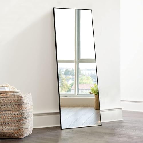 "KIAYACI Wall Mirror Full Length Full Body Mirror Bedroom Dressing Mirror Standing Hanging or Leaning Against Wall Aluminum Alloy Frame(Black, 43"" x 16"")"