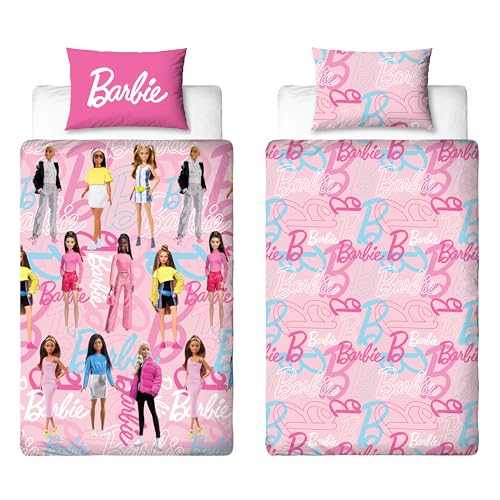 Barbie Officially Licensed Single Childs Duvet Cover Set - Unboxed Design Reversible 2 Sided dolls Bedding Including Matching Pillow Case Brands Polyester Single Quilt Cover, Pink