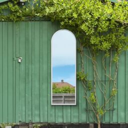 "MirrorOutlet The Arcus - White Framed Window Modern Full Length Arched Garden Mirror 63"" X 21"" (160x53CM) Silver Mirror Glass with Black All weather Backing."