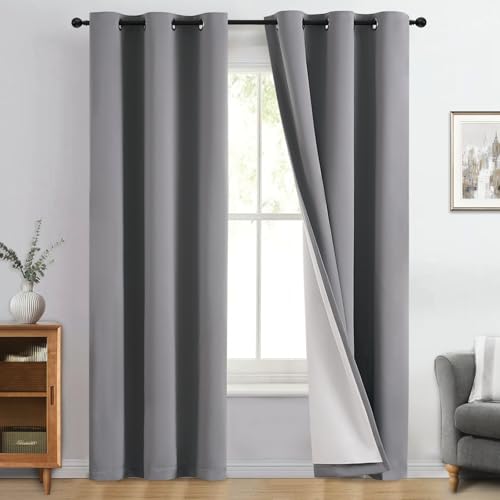"Yakamok Grey 100% Blackout Curtain Panels 84 inches, 40"" Wide, 2 Panels - Blackout Curtain Panels for Bedroom, 2 Thick Layers Grommet Top Thermal Insulated Drapes with White Back for Living Room"