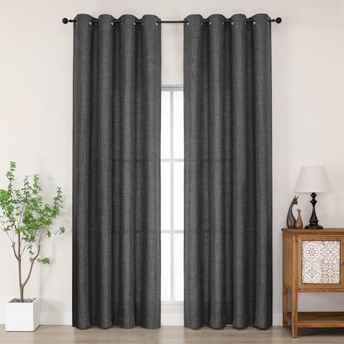 Chyhomenyc Coal Black Curtains 96 Inch Length 2 Panels, Light Filtering Faux Linen Textured Soft Airy Curtains for Living Room, Thick Farmhouse Grommet Bedroom Drapes, 50Wx96L Inch, 2PCS