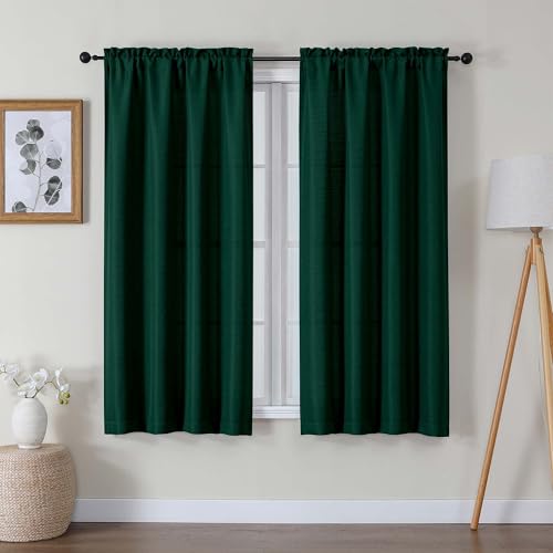 "Lecloud Bessie Hunter Green Privacy Curtains 63 Inch Length 2 Pcs, Light Filteringn Airy Faux Linen Textured Curtain, Durable Rod Pocket Window Treatments for Bedroom Living Room, Each 40"" W x 63"" L"
