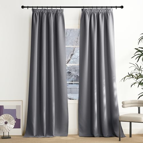 NICETOWN Grey Curtains 240 cm Long Thermal Curtain Heat Protection Ruffle Tape Opaque Curtains Living Room 240 x 140 cm (H x W) Blackout Curtains for Living Room