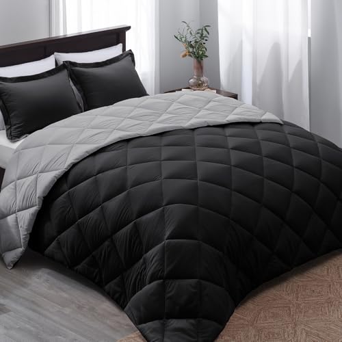 Basic Beyond King Size Comforter Set - Black Comforter Bedding Set King, Reversible King Bed Comforter Set for All Seasons, Black/Grey, 1 Comforter (104''x92'') and 2 Pillow Shams (20''x36''+2'')