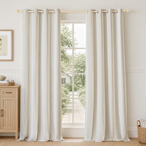 DriftAway Chris Linen 100% Blackout Curtains with Thermal and Sound Reducing Layer 102 Inches Long for Bedroom Striped Printed Drapes Lined Grommet Window Treatments for Living Room Camel Beige