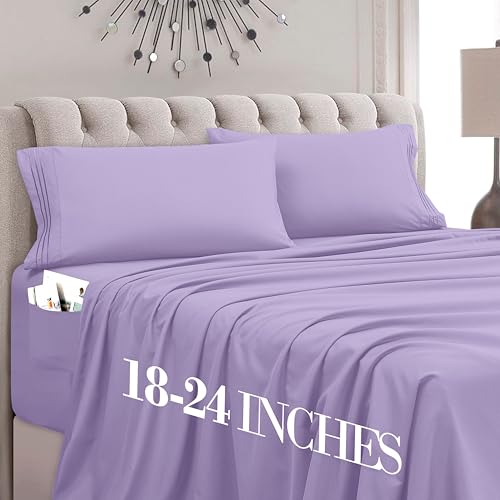 Mocassi Twin Size 4-Piece Bed Sheet Set - 1800 Premium Hotel Quality Microfiber 18-24 Inches Extra Deep Pocket Fitted Sheet- Luxury Soft, Breathable, Wrinkle, and Fade Resistant, Lavender
