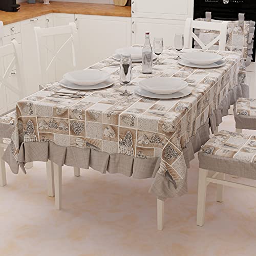 PETTI Artigiani Italiani - Tablecloth, Plastic Table Cover with Ruffles, Table Cover, Waterproof Outdoor Table Cover in Cotton Lidia Design Black X6 Seats (140 x 180 cm) 100% Made in Italy