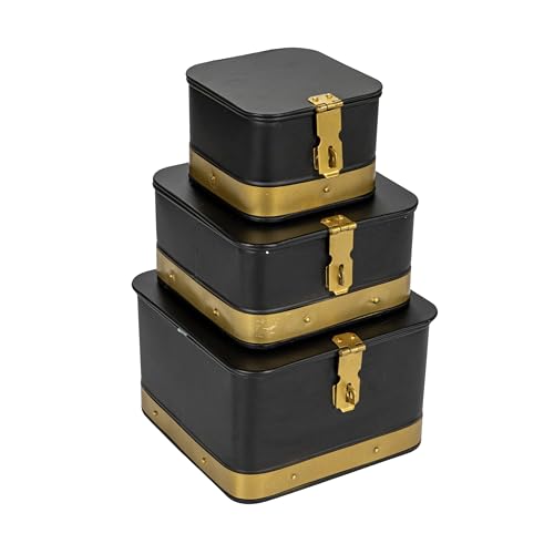 Creative Co-op Stackable Nestable Square Metal Storage Boxes with Lid and Hasp Lock, Black, Set of 3