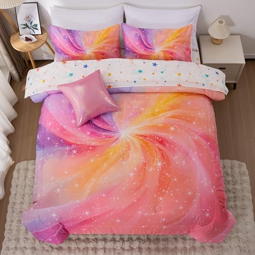Btargot Super Soft 6 Pieces Gradient Star Ring Comforter Set, Colorful Glitter Rainbow Star Pattern Bedding Set for Boys Girls Teens, Full Pink Purple