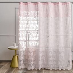 Pink Lace Vintage Shower Curtain with Attached Valance, Floral Lace Curtain for Bathroom, Farmhouse Style Shabby Chic Shower Curtain Scalloped Edge, 72 x 72 Inch, 1 Panel