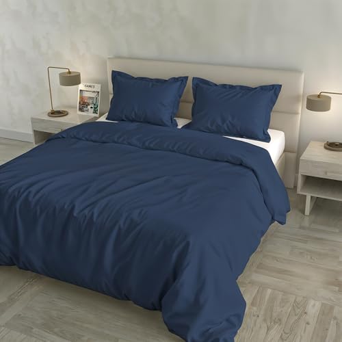 Satin Cloe Duvet Cover Set, 100% Cotton, Made in Italy – Bag 255 x 200 cm with Double Flap 50 cm, 2 Pillowcases 52 x 82 cm with 4 Ruffles, Plain Colour – AVIO