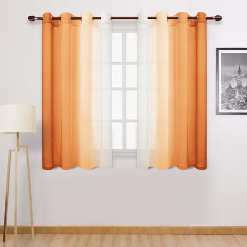 DWCN Faux Linen Ombre Sheer Curtains - Autumn Short Curtains Gradient Semi Voile Curtains for Kitchen and Living Room, Set of 2 Grommet Top Window Curtain Panels, W52 x L54 Inches, Sunset Orange