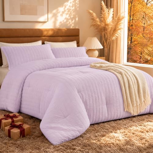 Quataly Full Size Comforter Set Light Purple,3PCS Seersucker Lightweight Bedding Comforter for All Season, Full Size(82''??86'' Comforter & 2 Pillowcases)
