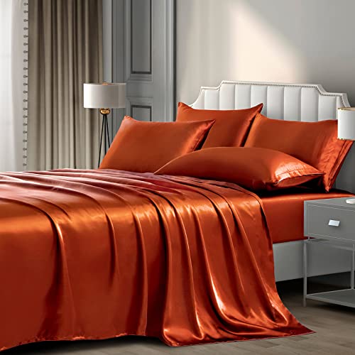 Pothuiny Satin Sheets - Queen (6 Pieces) Luxury Satin Bedding Set - 1 Fitted Sheet, 1 Flat Sheet, 4 Pillow Cases - Burnt Orange