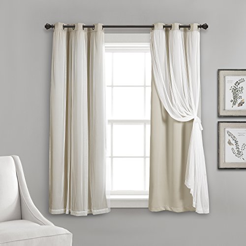 "Lush Decor Grommet Sheer Panels with Insulated Blackout Lining Window Curtain Panel Pair, 45"" L x 38"" W, Wheat"