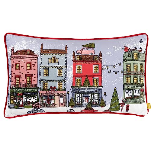 furn. Christmas Spirit Feather Filled Cushion (Multicolour - 30x50cm) - Festive Christmas Heritage Snowy Street Scene Velvet Decorative Pillow