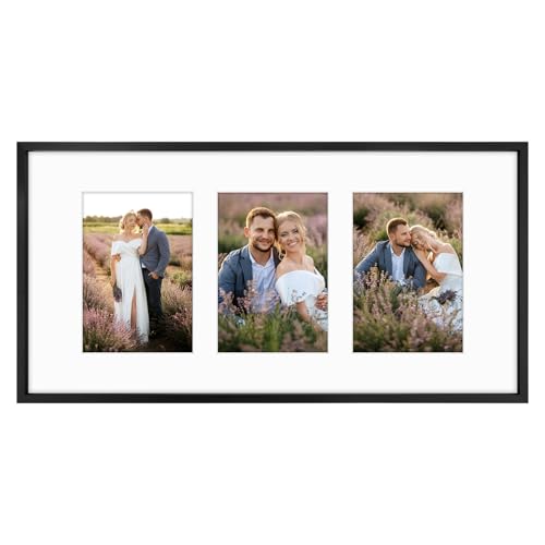 Golden State Art, 5x7 Aluminum Collage Frame, Display 7x5 Pictures With 3 Openings Mat or One 10x20 Photo, Real Glass, Portrait/Landscape Wall Display, Black, 1 Pack
