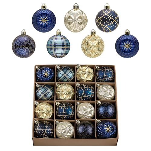 Valery Madelyn Ornaments for Christmas Trees, 16ct 2.36 Inches Blue and Gold Shatterproof Christmas Tree Decorations, Luxury Hanging Ball Ornaments for Xmas Holiday Party Decor