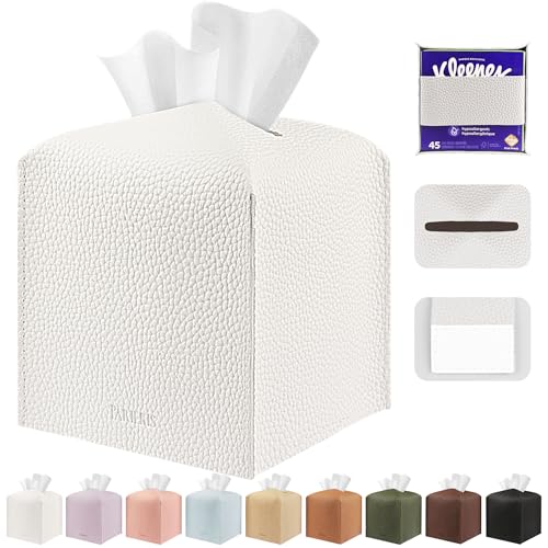 PARIERIS Square Tissue Cube Cover PU Leather Tissue Organizer with Bottom Belt for Bathroom, Tabletop, Car, Night Stands, Office, Home, Kitchen (White)