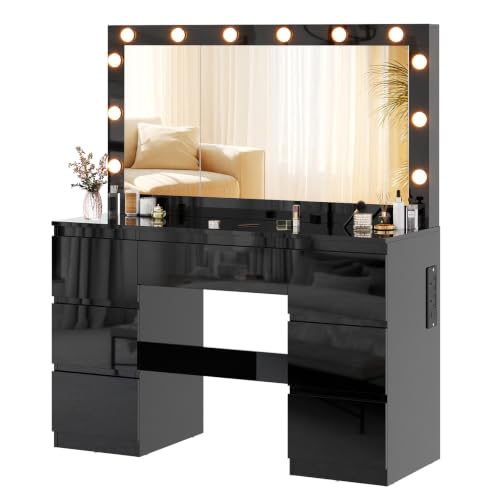 JUMMICO Dressing Table with LED Mirror, 120cm High Gloss Vanity Desk