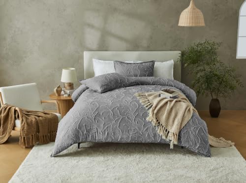 GC GAVENO CAVAILIA Leaf Duvet Cover King Size With Pillow Cases, Charcoal - Comfortable, Breathable Hypoallergenic King Size Duvet Cover Sets - 3Piece Reversible Bedding Quilt Cover Bed Set, 230x220cm