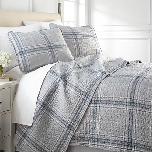 Southshore Fine Living, Inc. Oversized Microfiber Quilt Bedding Set, Twin XL Coverlet with Matching Quilted Pillow Sham, Plaid Bedspread, All Season Quilt, Lightweight Twin XL, Grey Plaid