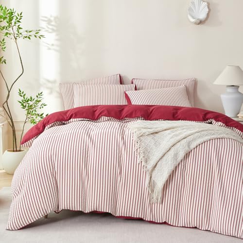 Striped Comforter Queen Brick Red Soft Luxury Washed Microfiber Jacquard 3 Pieces Bedding, White Brick Red Vertical Ticking Stripes Pattern Comforter with 2 Pillowcases Breathable Durable Comfy
