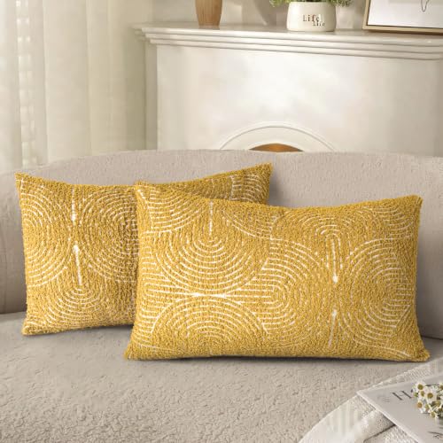 AELS Boho Decorative Textured Throw Pillow Covers 12x20, Organic Modern Mid Century Rainbow Tufted Pillow Case, Farmhouse Rustic Geometric Woven Cushion Case for Bed Couch Sofa, Mustard Yellow