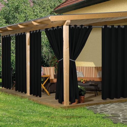 HolidayIdeas Outdoor Curtains for Patio Waterproof 8 Pcs 54x84 Inch Black - Outsides Curtains for Cabana Porch Pergola Balcony, Weatherproof, Sunlight & UV Blocking, Poolside Privacy Protection