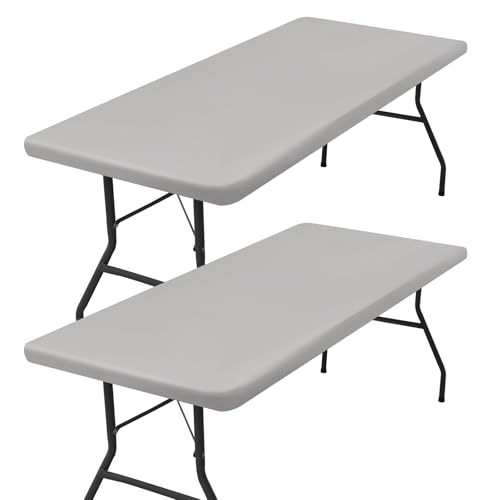 "homing 2 Pack Rectangle Table Cloth, Elastic Fitted Fabric Tablecloth Fits for 5 Foot Folding Tables, Washable Table Cover for Picnic, Camping, Indoor & Outdoor (Light Grey, 30"" x 60"")"