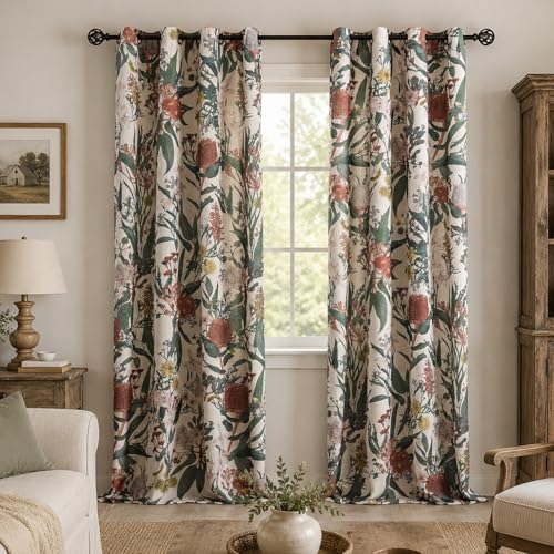 "ALIGOGO Linen Floral Curtains for Living Room - 96 inches Long Botanical Print Boho Exotic Themed Tropical Spring/Summer Light Filtering Anthropologie Curtains Grommet 2 Pieces 50"" W x 96"" L"