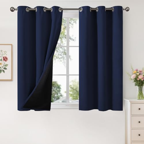 YoungsTex 100% Blackout Curtains 54 Inch Length for Bedroom, Short Thermal Insulated Drapes with Grommet Full Room Darkening Energy Saving for Bedroom, Navy, 2 Panels, 42 X 54 Inch