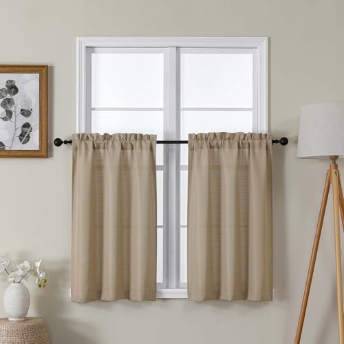 Lecloud Bessie 36 Inch Kithen Curtains 2 Panels Set, Camel Faux Linen Textured Elegant Window Drapes, Burlap Short Window Curtain Tiers for Cafe Bedroom Bathroom Basement, Each 30 W x 36 L
