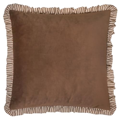 furn. Wylder Solene Ruffle Polyester Filled Cushion (Truffle - 45x45cm) - Soft Pastel Velvet Striped Frill Trim Decorative Pillow