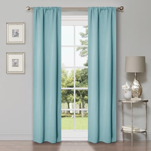 "Superior Blackout Curtains, Room Darkening, Bedroom, Living Window Accents, Sun Blocking, Thermal, Classic Modern, Solid Collection, Set of 2 Panels, Rod Pocket, 26"" x 84"", Light Blue"