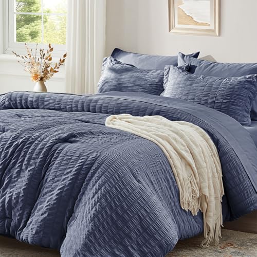 Zzlpp King Comforter Set 7 Pieces, Bluish Grey Seersucker Bed in a Bag with Comforter and Sheets, All Season Bedding Sets with 1 Comforter, 2 Pillow Shams, 2 Pillowcases, 1 Flat Sheet, 1 Fitted Sheet