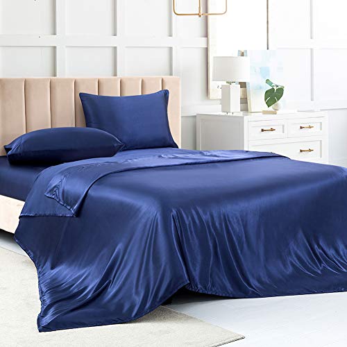 Luxbedding Twin Size Sheet Set, Navy Blue Silk Sheets, 3-Piece Soft Bedding Set with 1 Deep Pocket Fitted Sheet, 1 Flat Sheet, 1 Pillowcase
