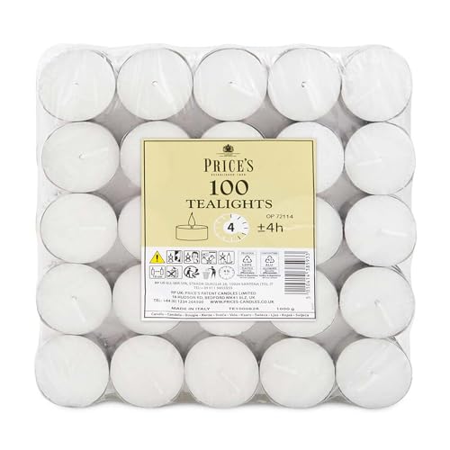 Price's Candles Tea Lights Pack of 100 - 4-hour burn, unscented, vegan & kosher, clean-burning wax, wax warmers, home d??cor & everyday use
