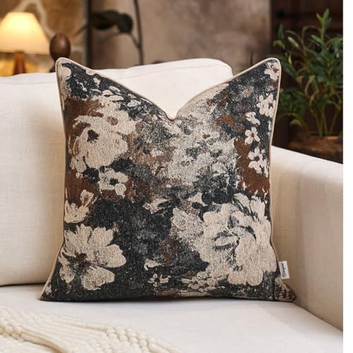 Yangest Neutral Flower Pillow Cover 20 x 20 Inches, Nature Chenille Square Throw Pillow Cover Soft Luxury Accent Couch Pillow Cover for Living Room Bedroom, Coffee Brown