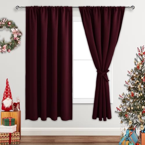 JIUZHEN Christmas Blackout Curtains for Bedroom - Thermal Insulated Room Darkening Noise Reducing, 52 x 63 Inch Length Curtains for Living Room, Set of 2 Panels with Tiebacks, Burgundy