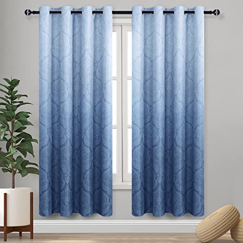 DWCN Ombre Blackout Curtains for Bedroom - Damask Patterned Thermal Insulated Energy Saving Grommet Curtains for Living Room, Set of 2 Gradient Window Curtain Panels, 52 x 72 Inches Long, Navy Blue